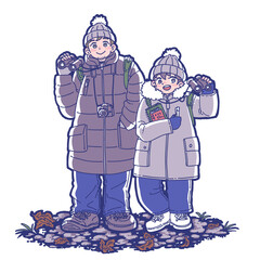 冬のバードウォッチングを楽しむ親子のイラスト