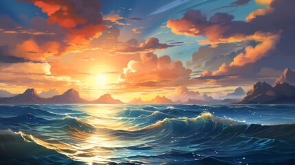 Fototapeta premium A peaceful evening with the sun setting over the blue sea and sky