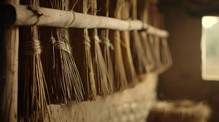 Dried tobacco leaves are neatly arranged and hanging in rows, showcasing their natural texture and color. This rustic setting evokes sense of tradition and craftsmanship