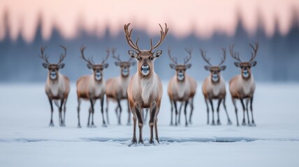 Reindeer herd crossing an icy stream in a dense, snow-covered forest, soft twilight casting a peaceful glow, Reindeer, Herd, Forest, Snow