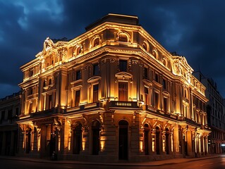Naklejka premium A beautifully lit historical building illuminated by soft golden lights, creating dramatic shadows and highlighting its architectural details, ideal for commercial use, room for promotional