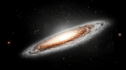  An artist's depiction of a spiral galaxy, featuring a radiant white disc at its core and a backdrop of stars