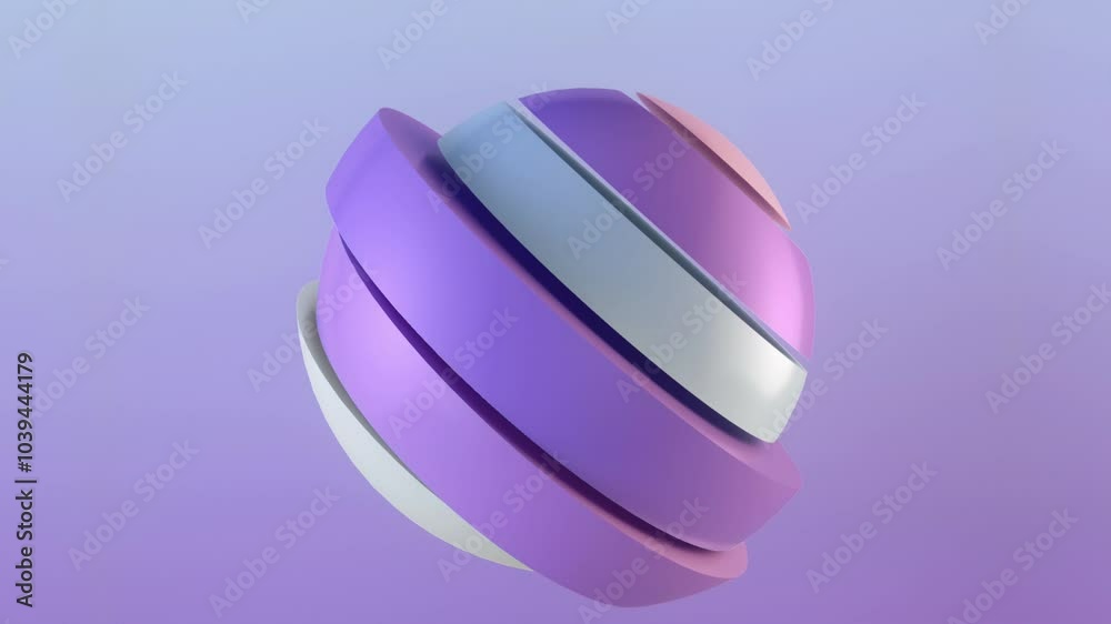 Poster Animation of three-dimensional sphere composed of smoothly moving multicolored layers. The bright neon colors of the sphere contrast with the minimalist purple and blue background. 3d rendering 4K