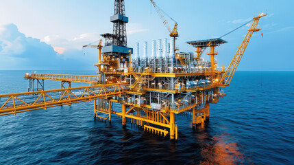 Offshore oil rig at sunset, showcasing industrial structures and equipment over ocean. vibrant colors and intricate design highlight engineering marvel of energy production