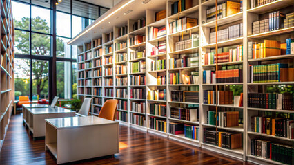 Obraz premium Contemporary library with colorful books and modern seating..
