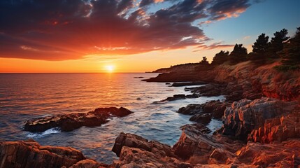 Obraz premium The sun setting over a rocky coastline with the sea and sky in view