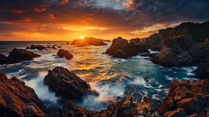 Obraz premium The sun setting over a rocky coastline with the sea and sky in view