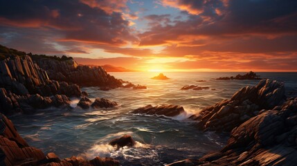 Fototapeta premium The sun setting over a rocky coastline with the sea and sky in view