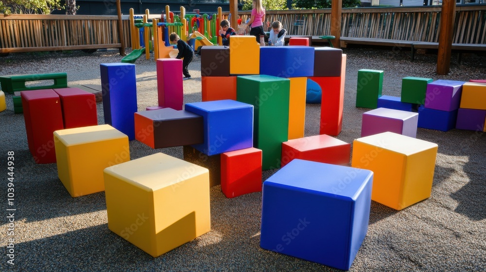 Aufkleber A recreational play area with children building play structures from oversized blocks, Blocks arranged in interactive play formations, Playground fun style
