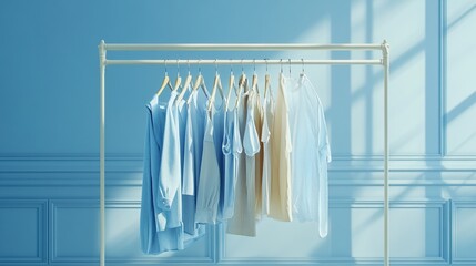 Beautiful clothes hanging on hangers on a light blue background and shadow from the window