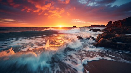 Obraz premium A stunning sunset over the ocean with waves gently crashing on the shore