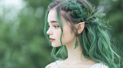 Enchanting Elf Princess adorned in Nature-inspired Jewelry with Flowing Green Hair - Fantasy Portrait