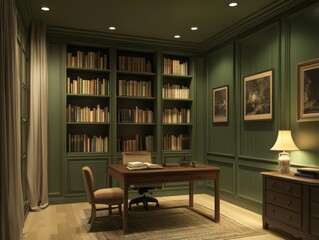 Fototapeta premium Modern library with olive green walls and light brown accessories