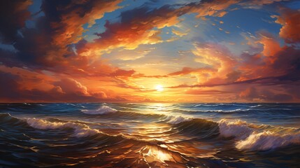 Obraz premium A dramatic sunset with the sky painted in warm tones over the sea