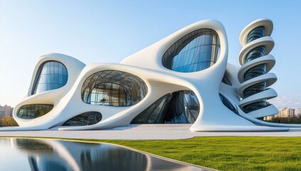 Fototapeta premium abstract futuristic building with white exterior walls and glass windows 