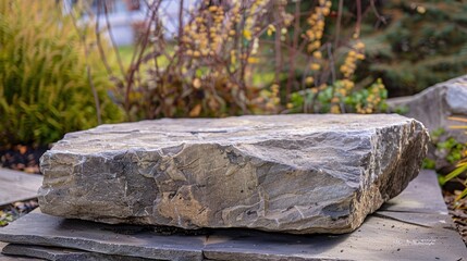flat stone podium on a rock platform serves as a stylish showcase against a backdrop of verdant forest scenery