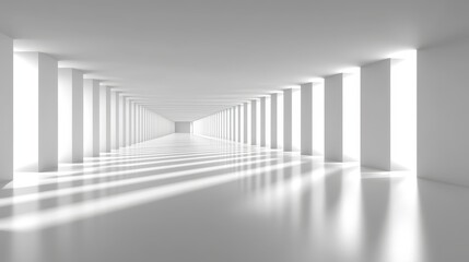  A white room devoid of furnishings, featuring columns, and illuminated by light entering from each end