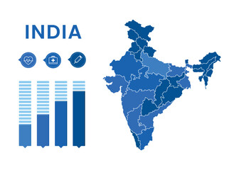 Flat design blue india infographics, States border, Blue India Map with States, Political India infographic map vector illustration, Blue detailed map of India with States administrative divisions.