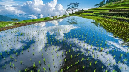 Single Rice Terrace with Reflection and Cloudy Sky