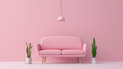cozy pastel themed living room featuring pink sofa, complemented by green plants in white pots, creating serene and inviting atmosphere