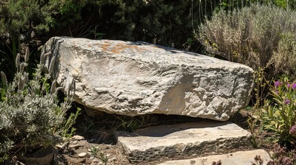 Obraz premium flat stone podium on a rock platform serves as a stylish showcase against a backdrop of verdant forest scenery
