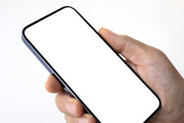 Male hand holding phone with isolated screen on white background
