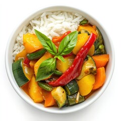 A vibrant bowl of vegetable stir-fry served with white rice and fresh basil.