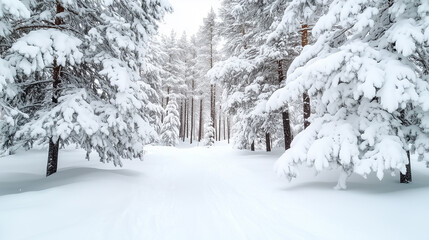 Fresh snow blankets the ground and branches, creating a peaceful winter wonderland in the frosty atmosphere