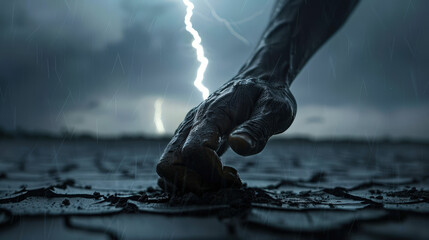 Obraz premium decayed hand reaches from cracked earth, symbolizing struggle and resilience amidst stormy backdrop. dramatic lightning adds intensity to scene