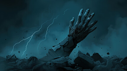 Fototapeta premium decayed hand reaches from cracked earth, symbolizing struggle and despair amidst stormy backdrop. dramatic lighting and textures evoke sense of urgency and haunting beauty
