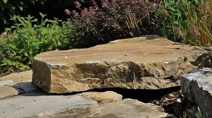 Fototapeta premium flat stone podium on a rock platform serves as a stylish showcase against a backdrop of verdant forest scenery