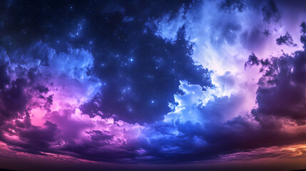 Fototapeta premium A colorful sky with purple and blue clouds and stars. The sky is filled with a sense of wonder and awe, as if the viewer is looking up at the vastness of the universe. The colors are vibrant