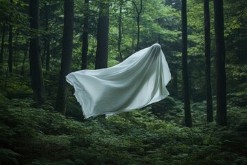 Ghost in a sheet floating in the air in the forest with Scary Background with generative ai