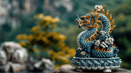 Fototapeta premium vibrant and intricate naga statue coiling gracefully, showcasing detailed craftsmanship and colorful designs. serene background enhances its majestic presence