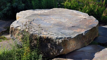 Obraz premium flat stone podium on a rock platform serves as a stylish showcase against a backdrop of verdant forest scenery