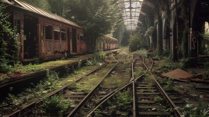 Obraz premium Overgrown Railway Station with Abandoned Trains