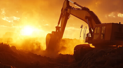 Industrial Sunset: Silhouette of Heavy Excavator at Work