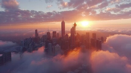 Naklejka premium Foggy Urban Landscape at Sunset Over City Skyline