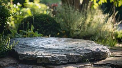 Obraz premium flat stone podium on a rock platform serves as a stylish showcase against a backdrop of verdant forest scenery