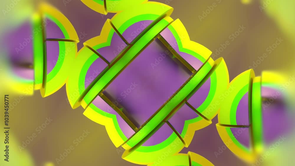 Poster Digital animation of a three-dimensional abstract shape in the form of an object composed of multicolored segments in shades of yellow, green and purple. 3d rendering 4K