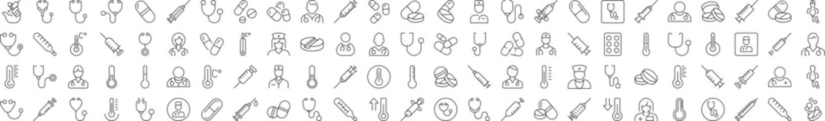 Collection of Outline Signs of Syringe, Stethoscope, Pills, Thermometer, Doctor Drawn with Thin Line for apps, web sites, banners, infographics and other types of design