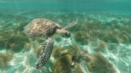 Obraz premium Graceful Sea Turtle Swimming Underwater