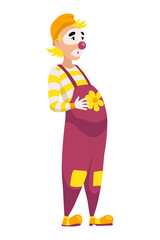 Circus clown. Kids holiday character. Entertainment artist. Jester performer, shapito circus show entertainers in funny costume, wig, makeup and red nose. Performers artist in classic outfit