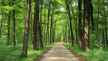 Fototapeta premium A winding forest path surrounded by tall trees and green leaves, with a dirt road stretching into the distance, creating a peaceful nature scene.