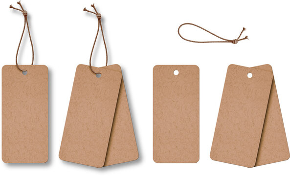 blank craft paper clothing label or price tag on string isolated set