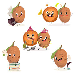 Cute sapodilla characters, funny fruits, different activities. Flat vector illustration. Organic food, healthy food, illustrations for kids menu, invitations.