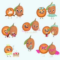 Cute sapodilla characters, funny fruits, different activities. Flat vector illustration. Organic food, healthy food, illustrations for kids menu, invitations.