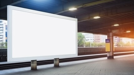 Fototapeta premium A large empty white billboard poster displayed at a railway station platform.