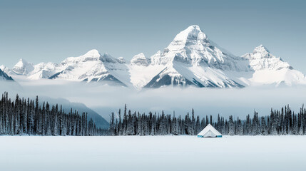 Obraz premium serene winter landscape featuring snow covered tent surrounded by majestic mountains and tranquil forest. scene evokes sense of peace and adventure in nature