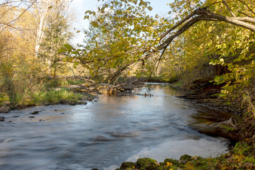 fast river between stones, stream of water passes the stone, ecology in the river, beautiful natural environment as background, blurred stream of water